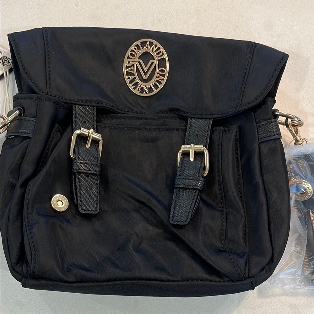 Valentino Orlandi Crossbody Bag Black Vegan Leather Nylon Wallet Zip Picket NWT